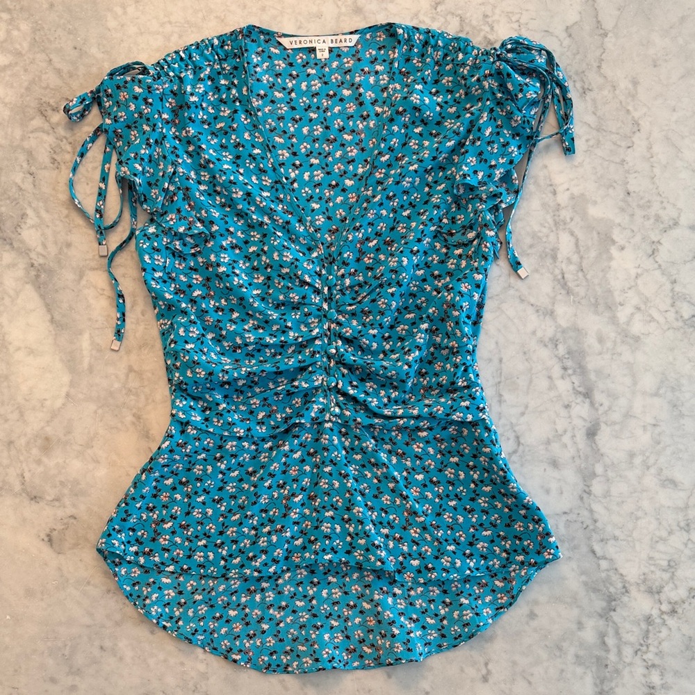 Veronica Beard Turquoise Blue Floral short sleeve Sz 2 XS S Silk Blouse EUC - Picture 2 of 8